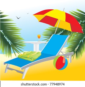 Empty deckchair under an umbrella. Vector