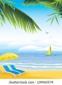 Empty deckchairs with beach umbrella on the seascape background. Vector