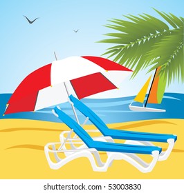 Empty deckchairs under an umbrella. Beach. Vector