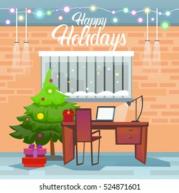 Empty Decorated Workplace Office Merry Christmas And Happy New Year Celebration Flat Vector Illustration