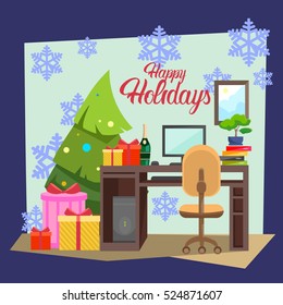 Empty Decorated Workplace Office Merry Christmas And Happy New Year Celebration Flat Vector Illustration
