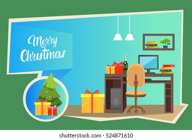 Empty Decorated Workplace Office Merry Christmas And Happy New Year Celebration Flat Vector Illustration
