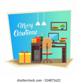 Empty Decorated Workplace Office Merry Christmas And Happy New Year Celebration Flat Vector Illustration