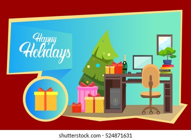 Empty Decorated Workplace Office Merry Christmas And Happy New Year Celebration Flat Vector Illustration