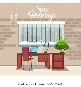 Empty Decorated Workplace Office Merry Christmas And Happy New Year Celebration Flat Vector Illustration