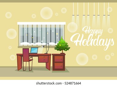 Empty Decorated Workplace Office Merry Christmas And Happy New Year Celebration Flat Vector Illustration