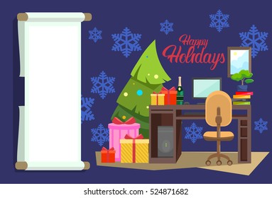 Empty Decorated Workplace Office Merry Christmas And Happy New Year Celebration Flat Vector Illustration