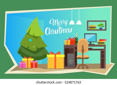 Empty Decorated Workplace Office Merry Christmas And Happy New Year Celebration Flat Vector Illustration