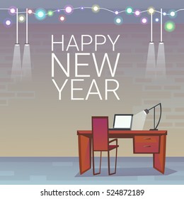 Empty Decorated Workplace Office Merry Christmas And Happy New Year Celebration Flat Vector Illustration
