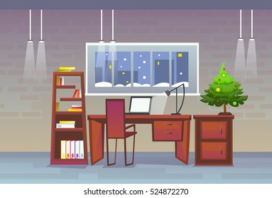 Oficina De Trabajo Decorada Vacía Feliz Navidad Y Feliz Celebración De Año Nuevo Ilustración Vector Plano