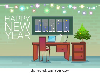 Empty Decorated Workplace Office Merry Christmas And Happy New Year Celebration Flat Vector Illustration