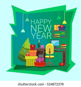 Empty Decorated Workplace Office Merry Christmas And Happy New Year Celebration Flat Vector Illustration