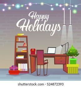 Empty Decorated Workplace Office Merry Christmas And Happy New Year Celebration Flat Vector Illustration