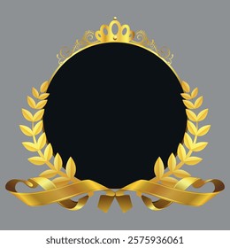 Empty decorative emblem with golden laurel leaves, ribbon and crown on top. Vector on a gray background
