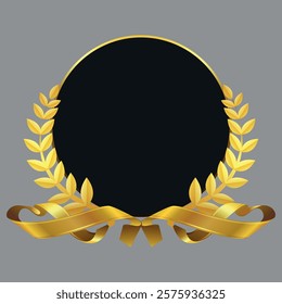 Empty decorative emblem with golden laurel leaves, ribbon. Vector on a gray background
