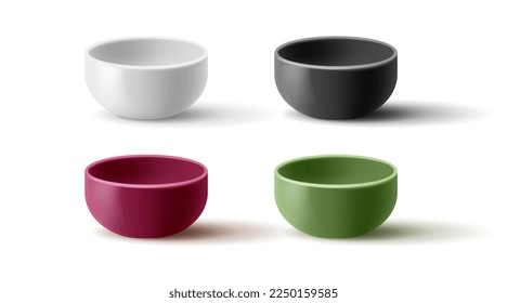 Empty deep bowl for food, products. Set of 3d multi-colored bowl on a white background.