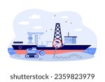 Empty deep sea mining vessel due to ban vector illustration. Prohibition sign forbidding companies production of metals and minerals at seabed. Industry, ocean mining, ecology concept