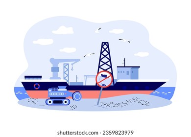 Buques mineros vacíos en aguas profundas debido a la prohibición de la ilustración de vectores. Señal de prohibición que prohíbe a las empresas la producción de metales y minerales en los fondos marinos. Industria, minería oceánica, concepto de ecología