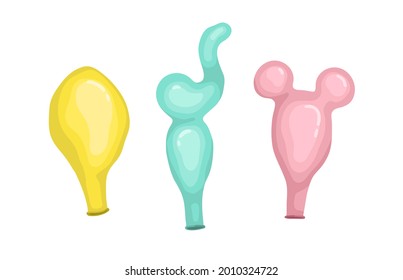 Empty deflated rubber air balloons of different color and shape. Uninflated latex ballons set. Not inflated baloons for birthday party decoration. Colorful flat vector illustration isolated on white