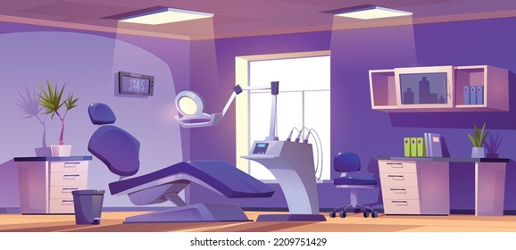 Leere Zahnarztkabine in Klinik oder Krankenhaus. Stomatologische Zimmerinnenausstattung mit Arzttisch, Zahnstuhl mit Lampen und Werkzeuge für die orale Pflege, Zahnbehandlung und Reinigung, Vektorgrafik-Illustration