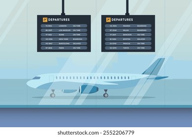 Terminal vazio do hall de partida no aeroporto. Conceito do quadro de informação de voo. Estoque vetorial