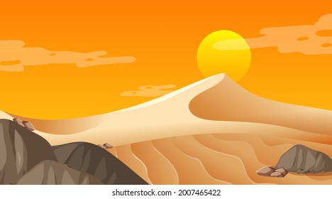 Empty desert forest landscape at sunset time scene illustration