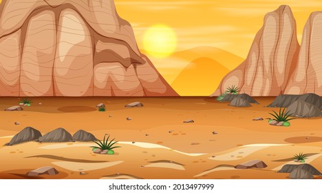 Empty desert forest landscape at sunset time scene illustration