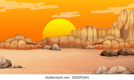 Empty desert forest landscape at sunset time scene illustration