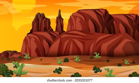 Empty desert forest landscape at sunset time scene illustration