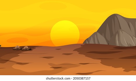 Empty desert forest landscape at sunset time scene illustration
