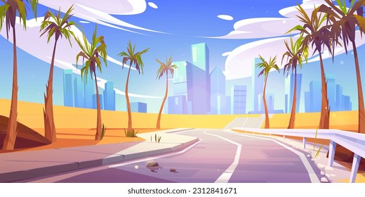 Camino desierto vacío a la ciudad construyendo un fondo vector futurista. Vista del paisaje urbano y autopista asfaltada con palmera, rascacielos de ee.uu. Moda de velocidad moderna para el tráfico de coches panorámica de arena caliente