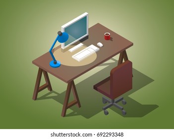 Empty desktop for businessman. Isometric vector illustration. A table with a computer, a cup of coffee, a table lamp.