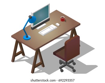 Empty desktop for businessman. Isometric vector illustration. A table with a computer, a cup of coffee, a table lamp.