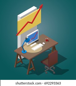 Empty desktop for businessman. Isometric vector illustration. A table with a computer, a cup of coffee, a table lamp.