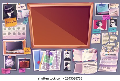 Empty detective board and evidences. Police investigation, crime research. Cork pinboard, photo of suspect people, map with pins, fingerprints and newspapers, vector cartoon set