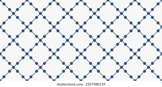 Empty diamonds, with dots along the edges. Grid of rhombuses. Vector. Seamless. Design for textile, fabric, clothing, curtain, rug, batik, ornament, background, wrapping.