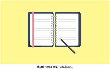 Empty diary with pencil on a yellow background