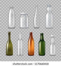 Empty different shapes and colors glass bottles for various applications transparent set realistic vector illustration 