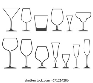Empty different shapes wineglasses and glasses with no filling isolated on white. Vector icons.