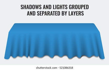 Empty Dinner Banquet Table With Blue Cloth 3d Realistic Vector Illustration. Shadows And Lights Grouped By Layers.