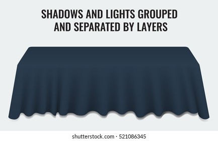 Empty dinner banquet table with dark blue cloth 3d realistic vector illustration. Shadows and lights grouped by layers.