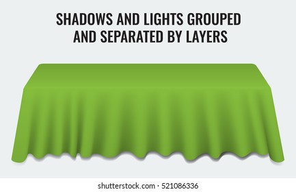 Empty dinner banquet table with green cloth 3d realistic vector illustration. Shadows and lights grouped by layers.