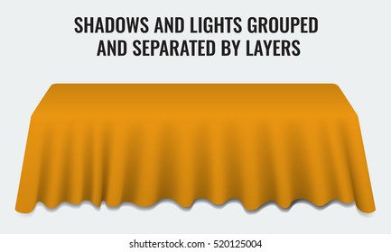 Empty dinner banquet table with orange cloth 3d realistic desk vector illustration. Shadows and lights grouped by layers.