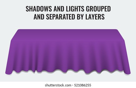 Empty dinner banquet table with purple cloth 3d realistic vector illustration. Shadows and lights grouped by layers.