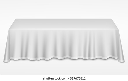 Empty Dinner Banquet Table With White Cloth 3d Realistic Desk Vector Illustration