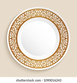 Empty dinner plate with gold ornamental border, porcelain dish with golden swirly pattern, eps10 vector illustration