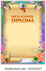empty diploma blank: floral and vintage elements around the composition center