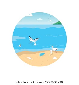 Empty dirty beach 2D vector web icon. Closed summer resorts. Pandemic lockdown. Rubish on tropical island flat landscape on cartoon background. Covid printable patch, colorful web element