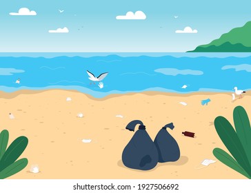 Empty dirty beach flat color vector illustration. Covid pandemia isolation results. No vacation during summer. Social distance 2D cartoon landscape with tropical islands on background
