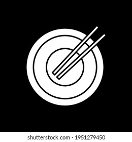 Empty dish with chopsticks dark mode glyph icon. Eaten noodles. Asian cuisine, chinese culinary. Dinner platter. Serving lunch. White silhouette symbol on black space. Vector isolated illustration